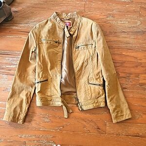 Tan leather bomber jacket